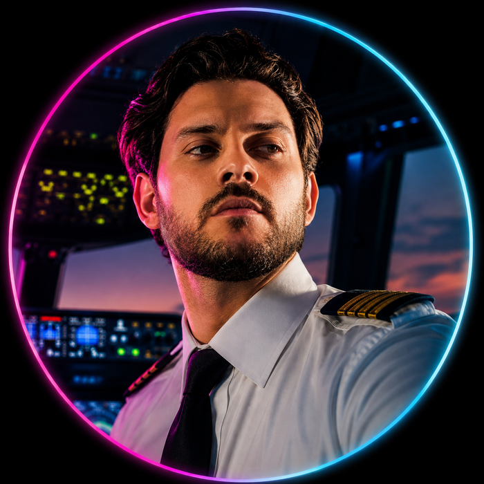 The Flight Director in a pilot shirt inside a cockpit